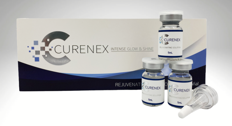 Curenex Intense Glow & Shine vial, perfect for skin tone improvement, hydration, and rejuvenation with PDRN and peptides.