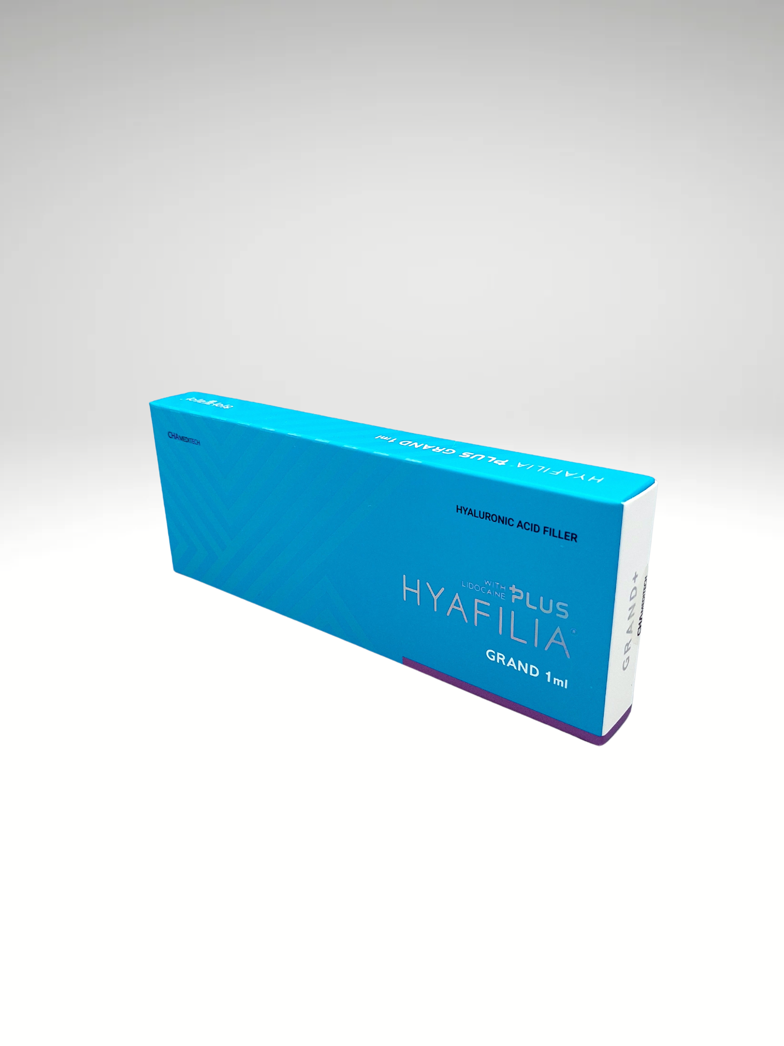 "Hyafilia Grand Plus dermal filler syringe, premium packaging, hypoallergenic formulation for wrinkle correction and volume enhancement."