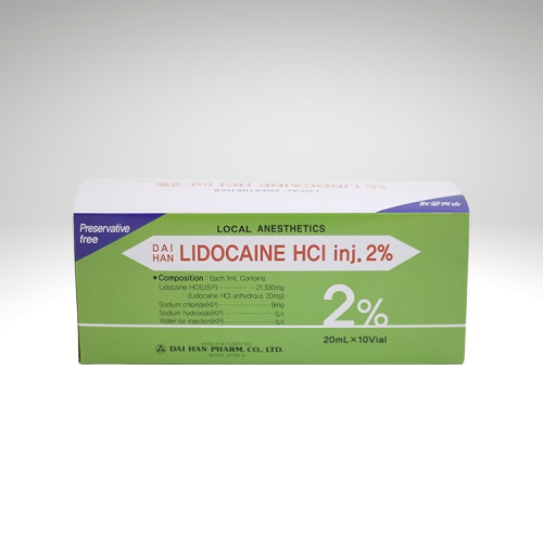 "Lidocaine HCI Inj 2%, 20ml vial, local anesthetic and antiarrhythmic agent for medical procedures and arrhythmia management."