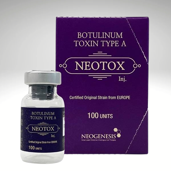 "NEOTOX 100-unit vial, botulinum toxin for wrinkle reduction, muscle relaxation, and therapeutic relief."