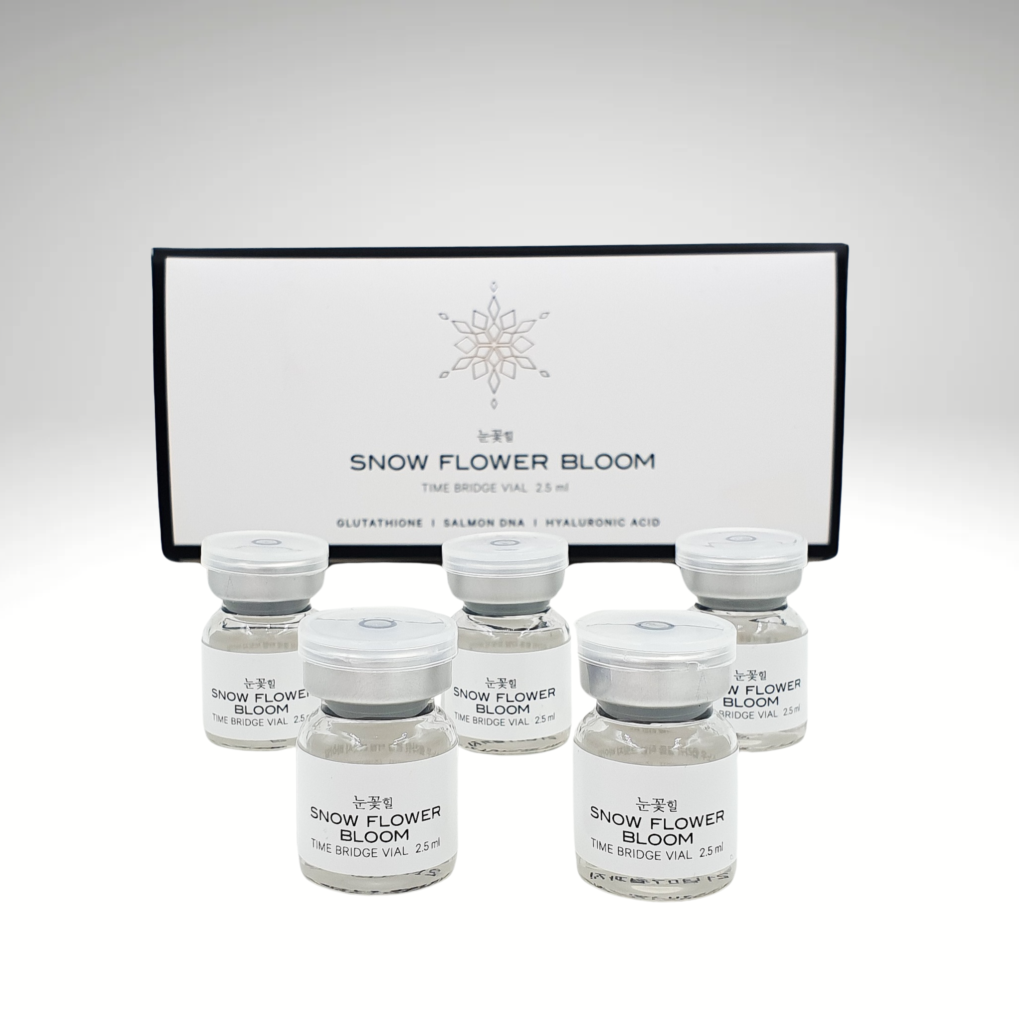 "SNOW FLOWER BLOOM 2.5 ml vials, advanced skincare solution for rejuvenation and hydration."
