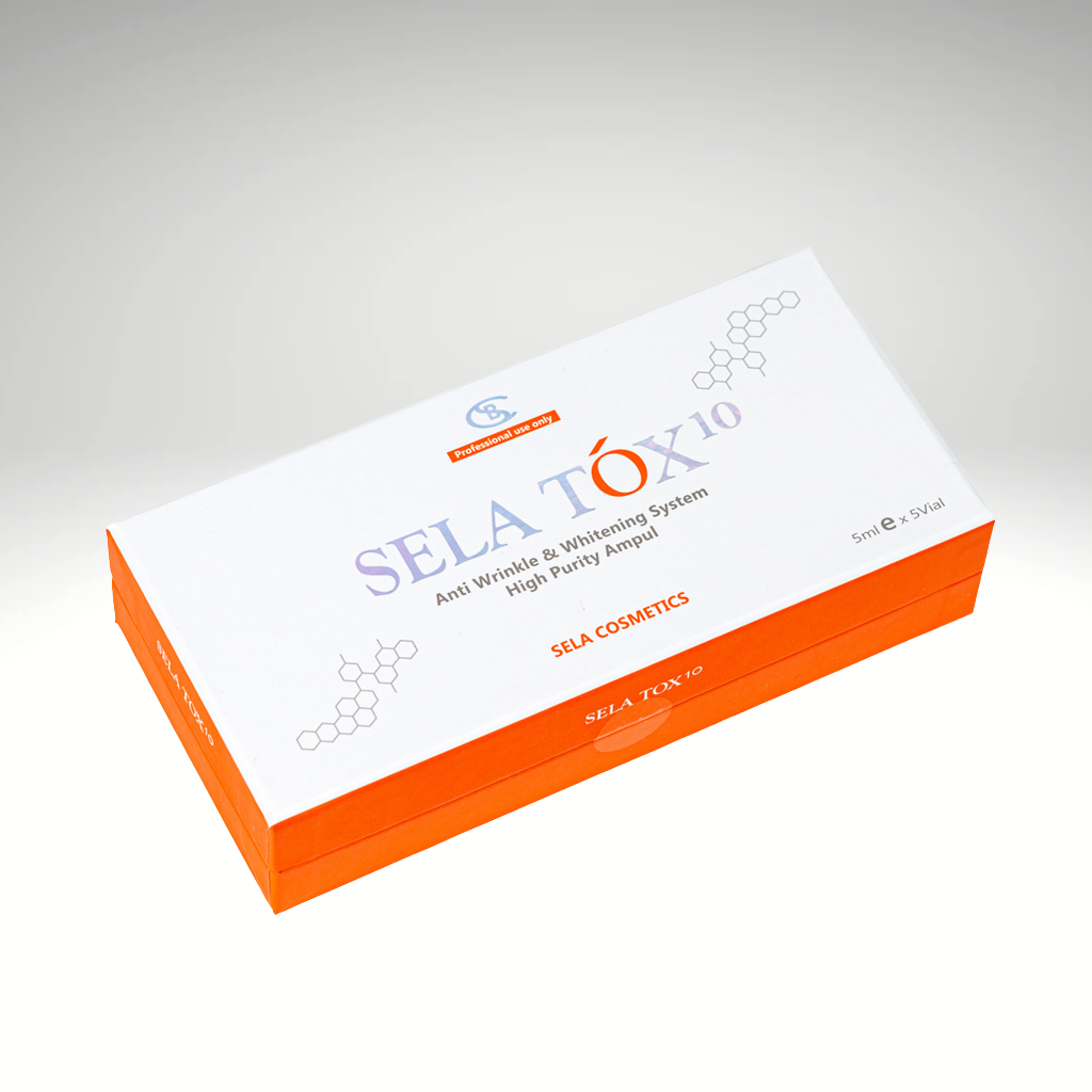 "SELA TOX 10 5 ml vial and Hydra Stamp, advanced botox-like skincare for wrinkle reduction and skin rejuvenation."