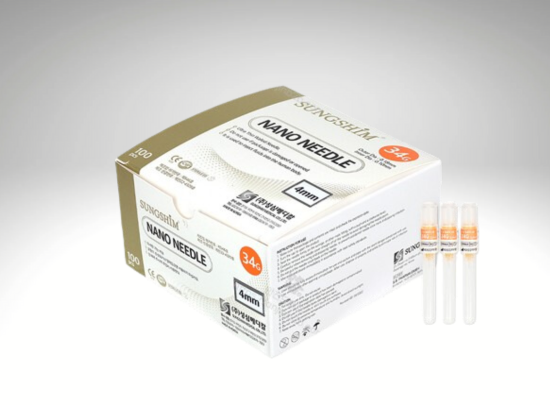 "Sungshim Nano Needle 34G, ultra-thin sterile needles for painless injections, ideal for mesotherapy and HA treatments."