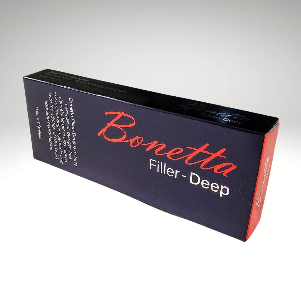 Bonetta Deep hyaluronic acid-based filler syringe for deep wrinkle correction and contouring.