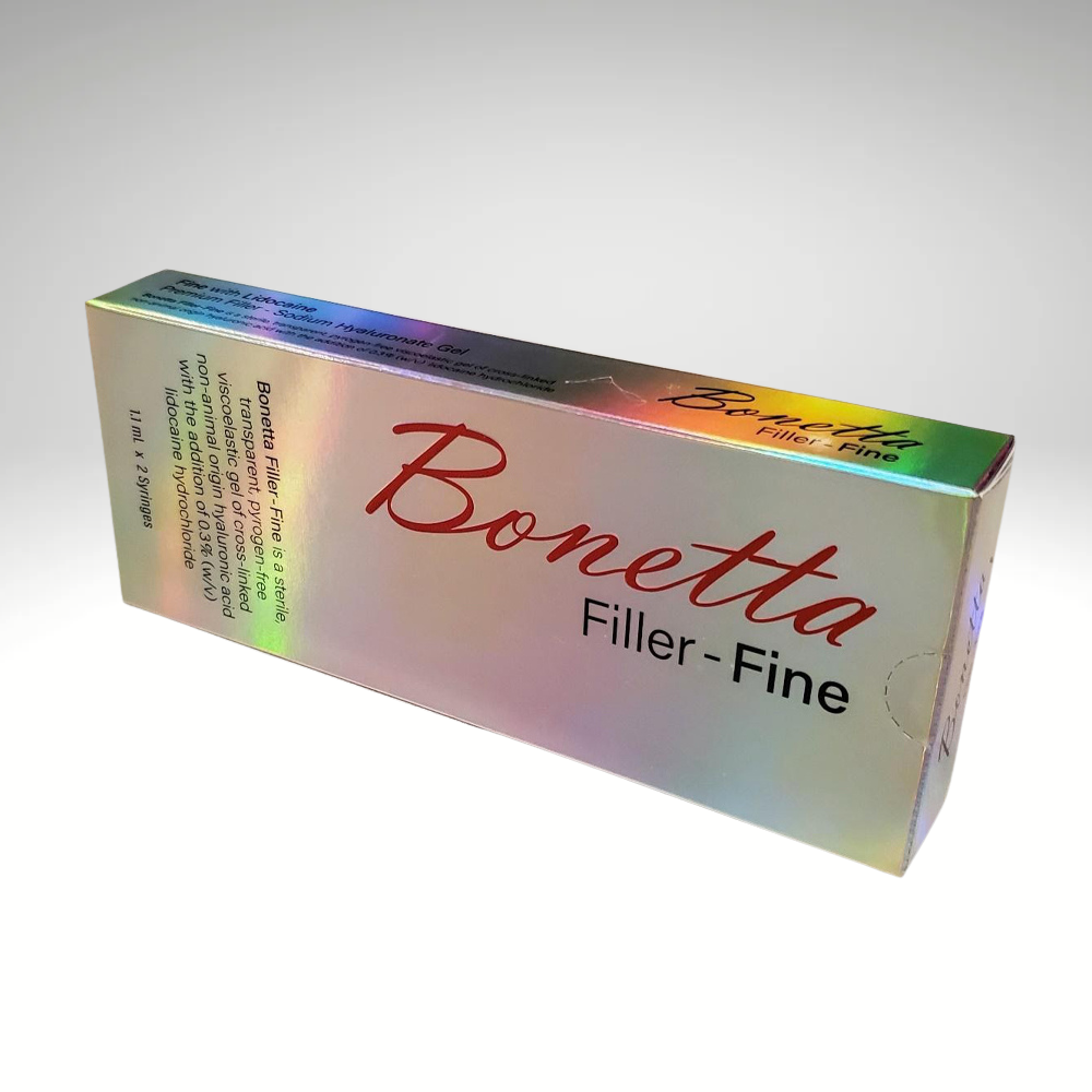 Bonetta Fine filler syringe with cross-linked hyaluronic acid for fine lines and lip enhancement.