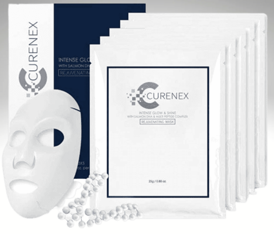 CURENEX Rejuvenating Mask pack of 5, enriched with PDRN and peptides for hydration, brightness, and skin rejuvenation.