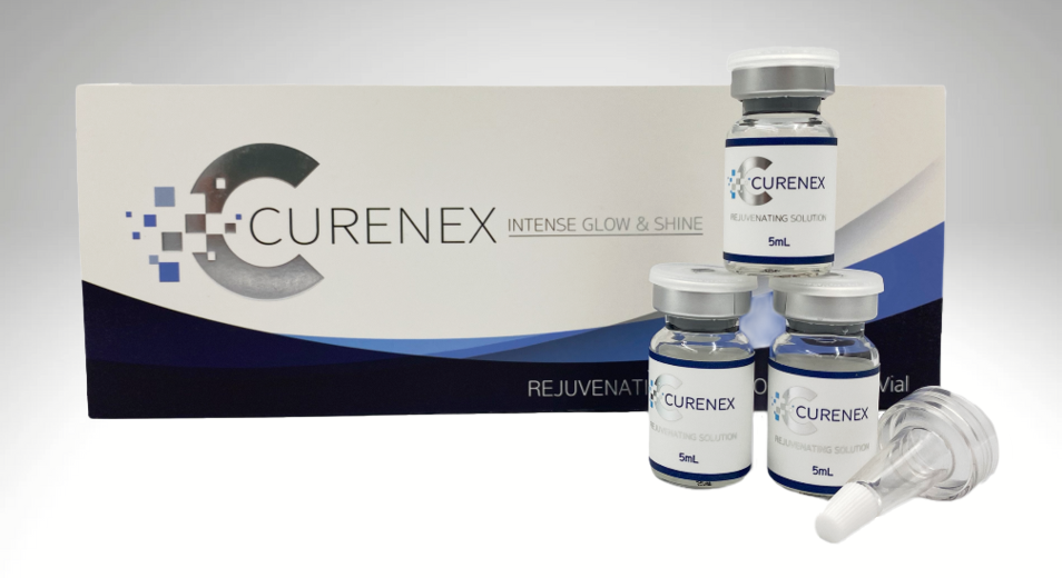 Curenex Intense Glow &amp; Shine vial, perfect for skin tone improvement, hydration, and rejuvenation with PDRN and peptides.