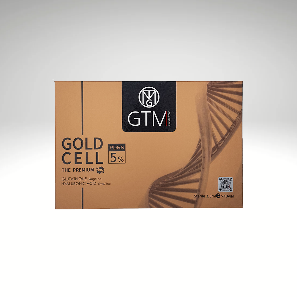 GTM Gold Cell PDRN 5% vials for skin rejuvenation with salmon DNA and hyaluronic acid for hydration and firmness.