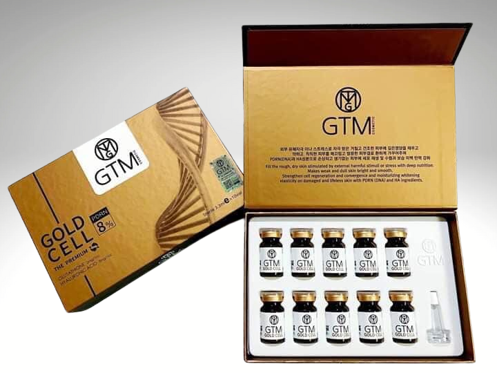 GTM Gold Cell PDRN 8% vials, high-concentration biorevitalization solution for enhanced skin tone, hydration, and elasticity.