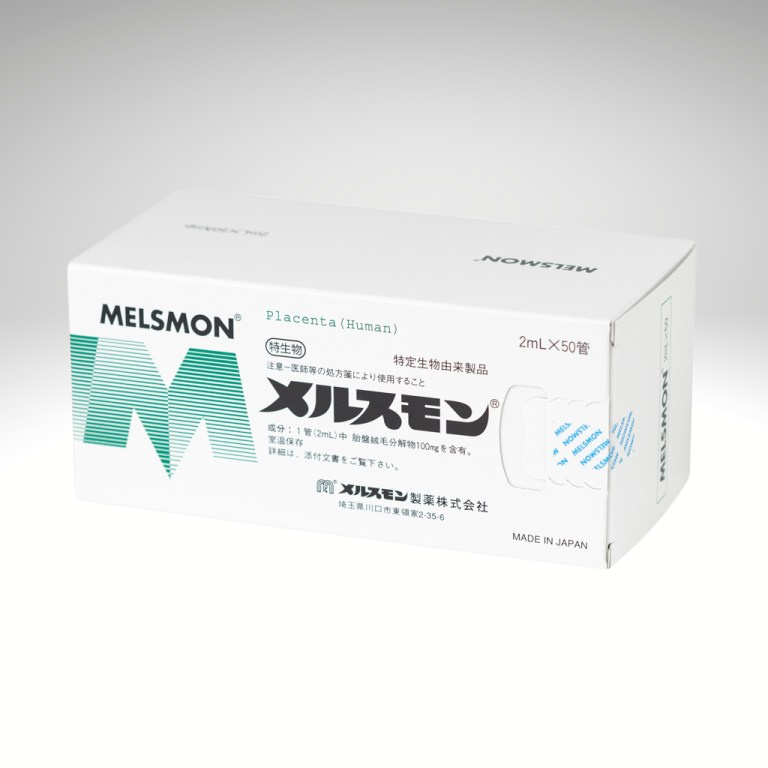 &quot;Melsmon ampoule with human placental extract, for anti-aging, skin rejuvenation, and wellness support.&quot;