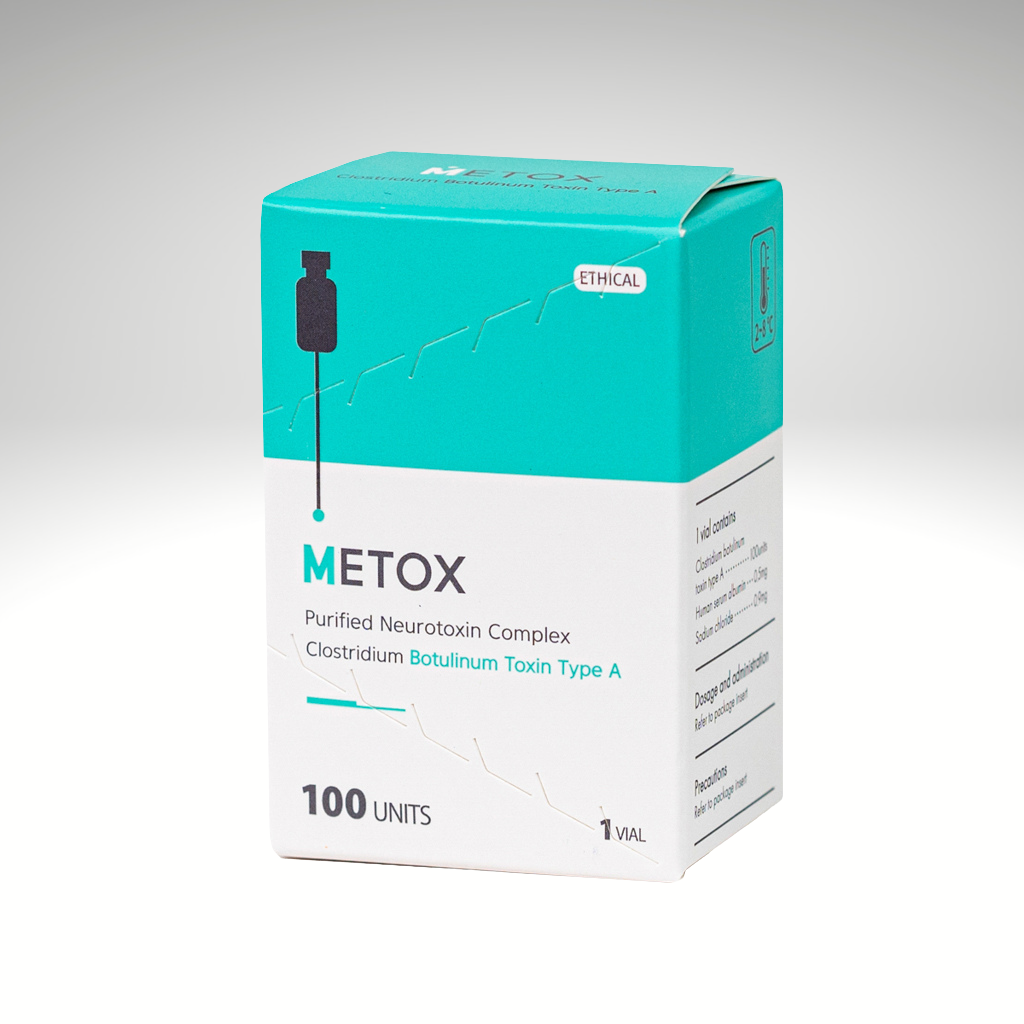 METOX 100 and 200 Units Botulinum toxin vials for wrinkle reduction and natural facial rejuvenation.