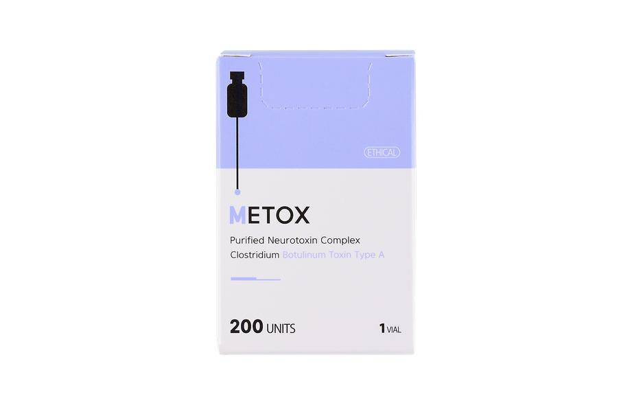 METOX 100 and 200 Units Botulinum toxin vials for wrinkle reduction and natural facial rejuvenation.