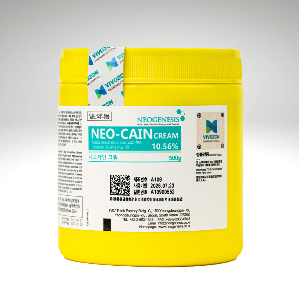 Neo-Cain Cream 500g tub with high lidocaine concentration for fast-acting, professional-grade numbing.