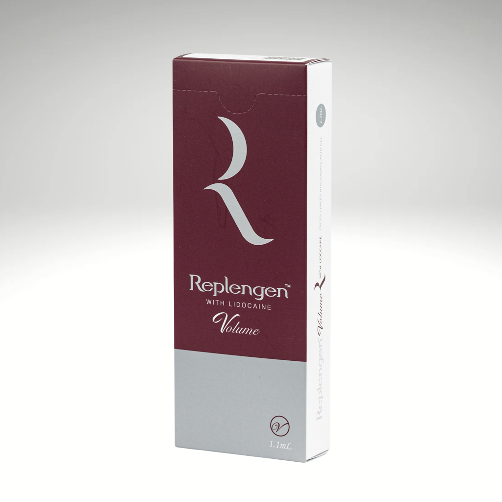 Replengen Volume hyaluronic acid filler syringes for wrinkle reduction and facial contouring.