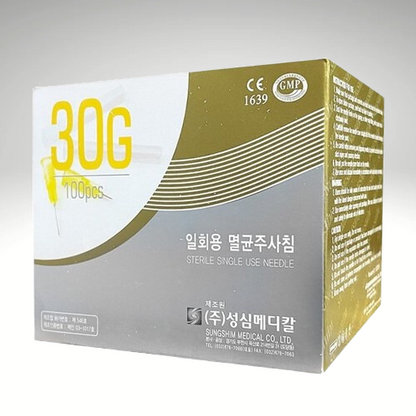 Sungshim Sterile Needle 30g in sterile packaging, ideal for accurate and safe fluid delivery in medical and aesthetic procedures.