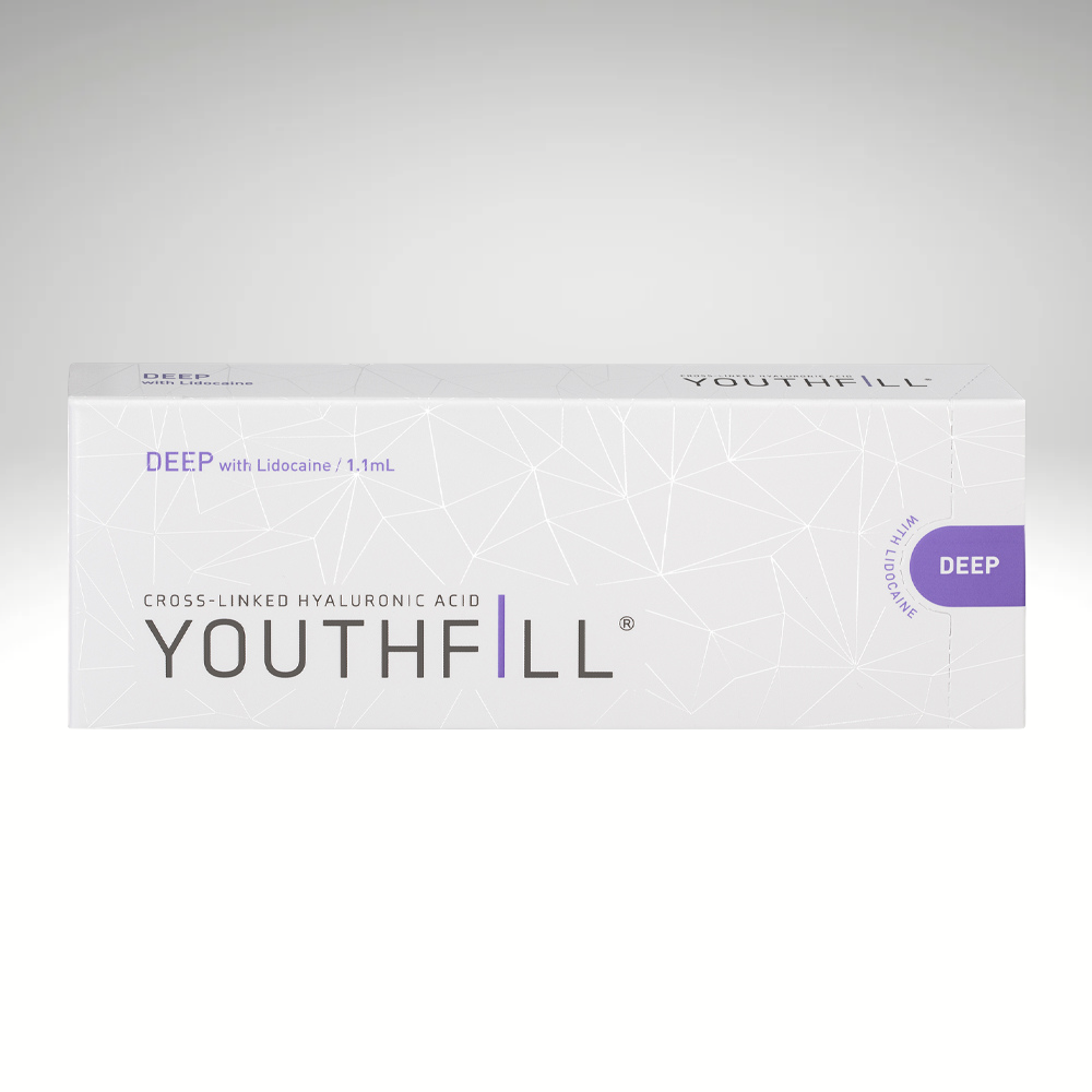 YOUTHFILL DEEP high-viscosity filler for deep wrinkles and contouring, ideal for cheeks, lips, and facial folds.